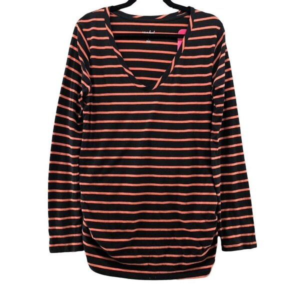NWT Isabel Maternity Long Sleeve T Shirt Womens L V-Neck Black Orange Striped - Picture 1 of 12